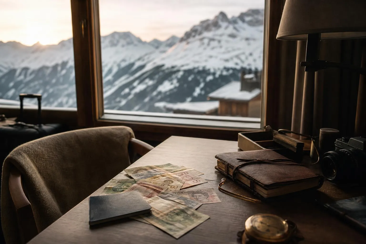 Alpine lodge interior at dawn with travel documents and multiple currencies, mountain views beyond