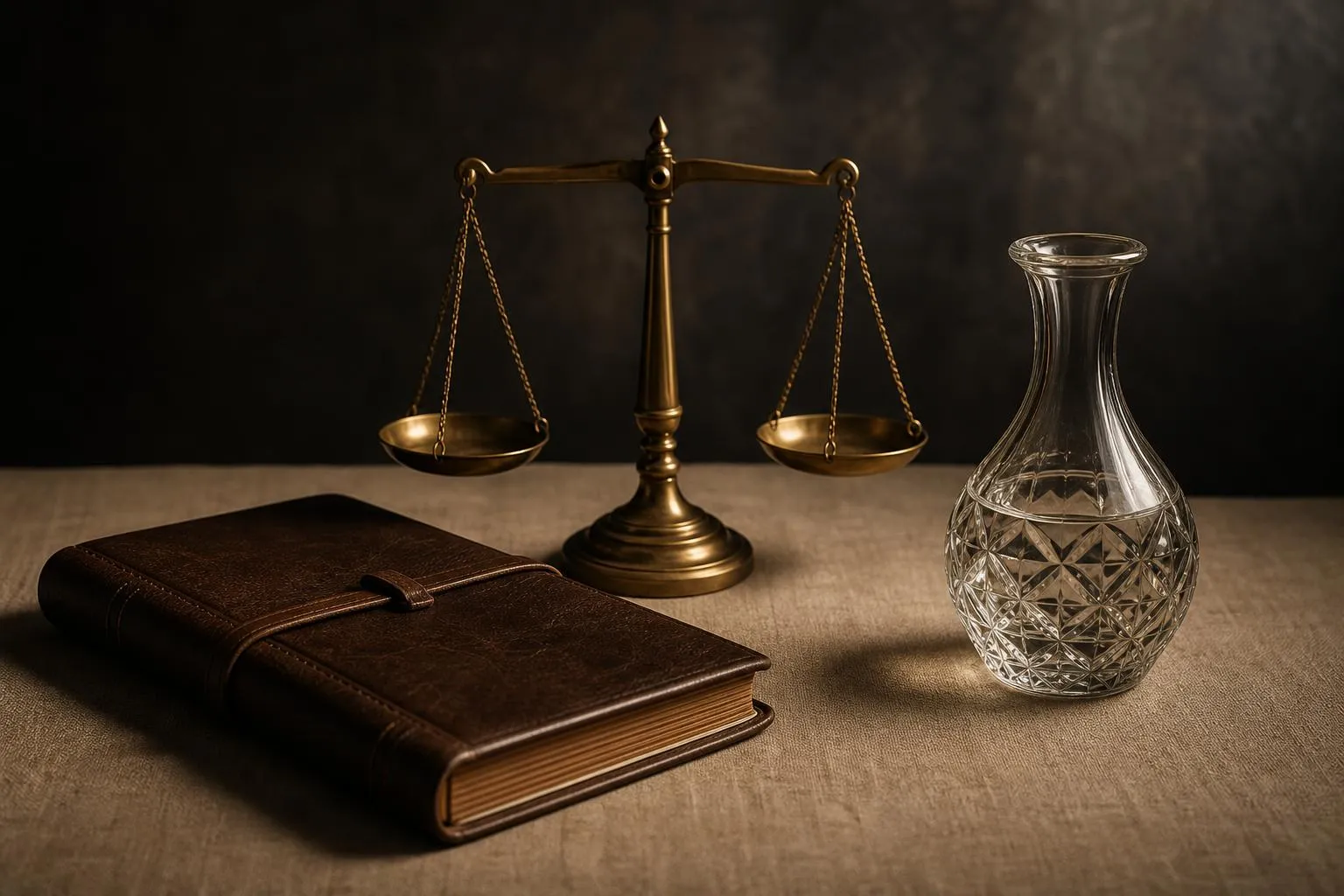 Minimalist still life: leather journal, brass scale, crystal vessel on linen, soft directional light