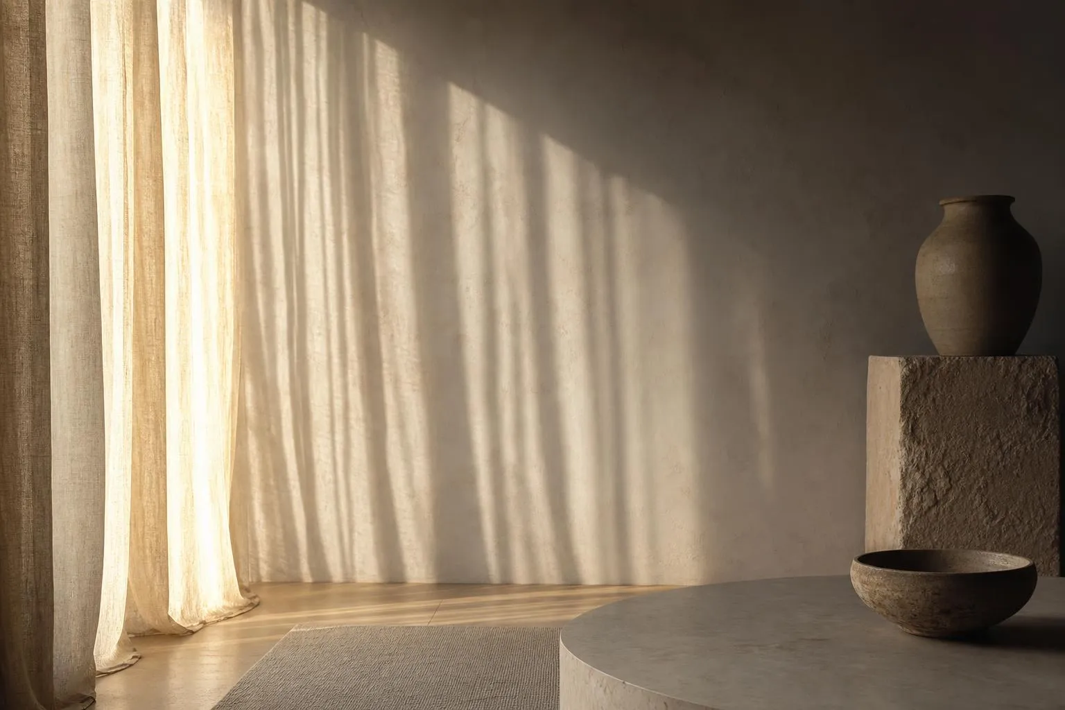 Diffused sunlight casting soft shadows through sheer curtains onto a minimal wall.