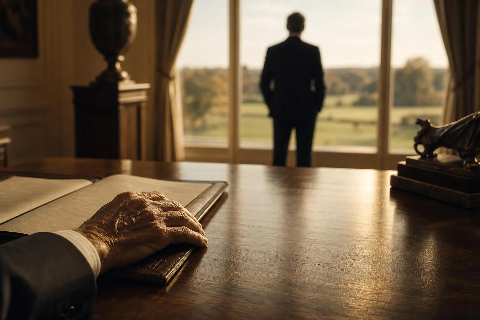 Hands and documents in soft light, figure silhouetted by window overlooking grounds—quiet moment of legacy contemplation.