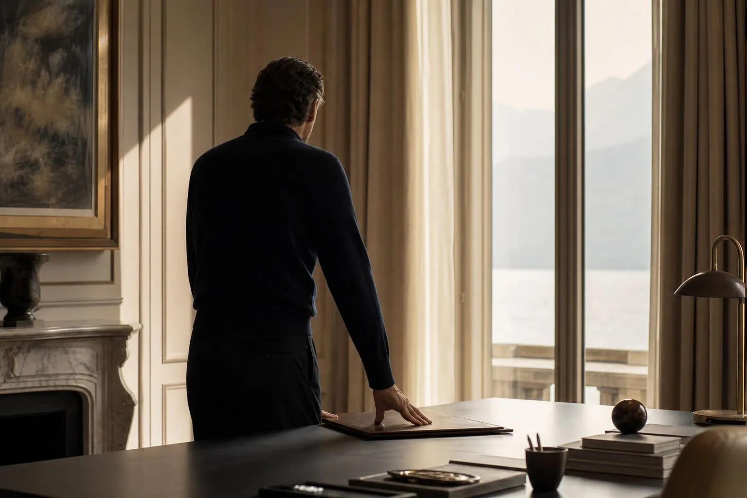 Person at desk holding documents, contemplating financial decision in sunlit study