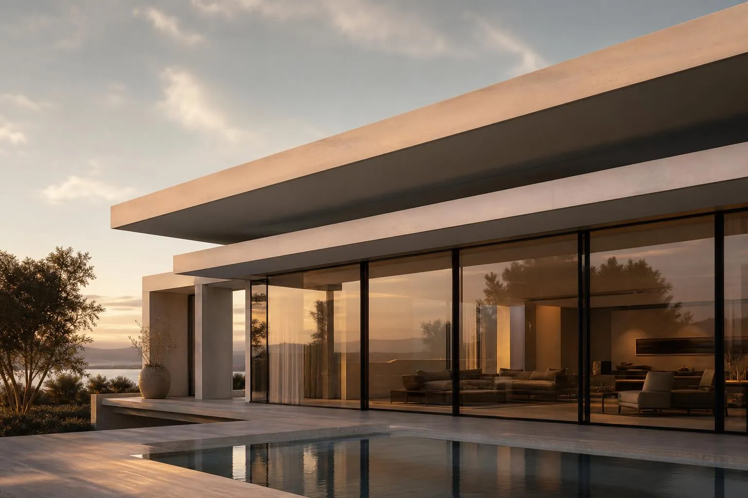 Modernist villa facade with clean geometric lines, illuminated by warm golden sunlight