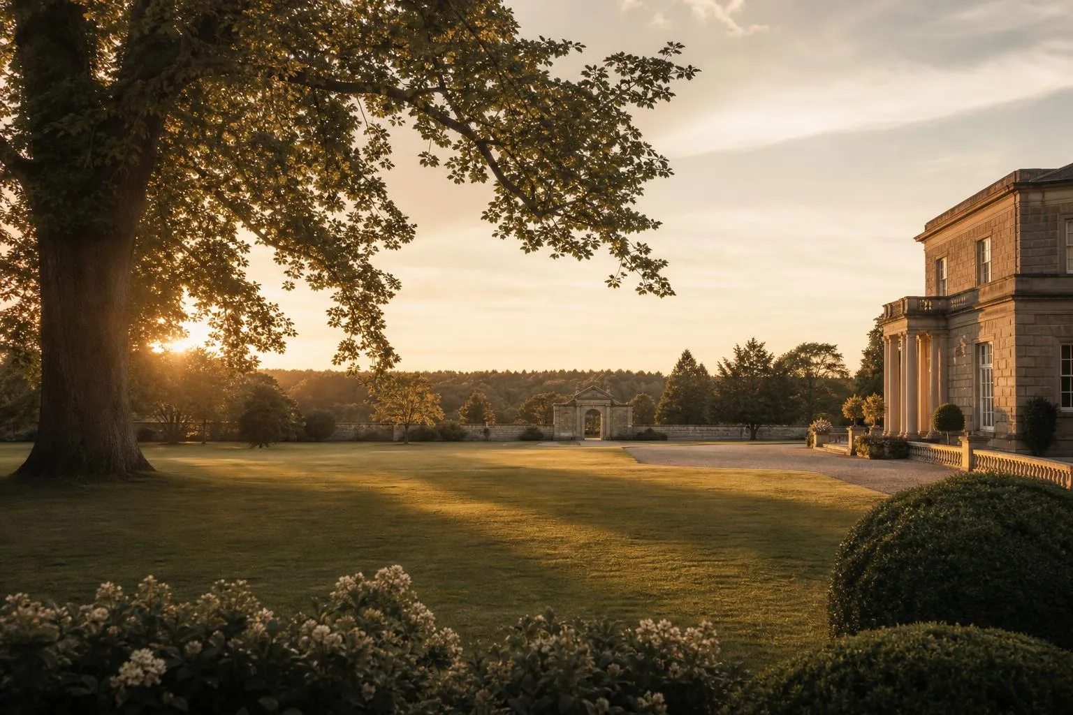 Private estate grounds at golden hour, rolling lawn and distant treeline bathed in warm amber light