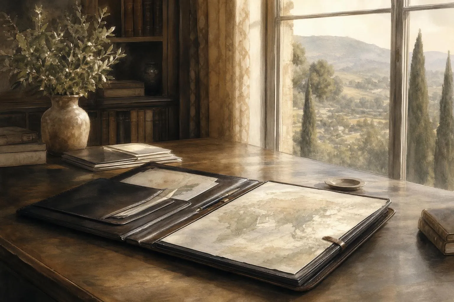 Soft impressionistic study with documents on a desk, window overlooking distant landscape in muted tones
