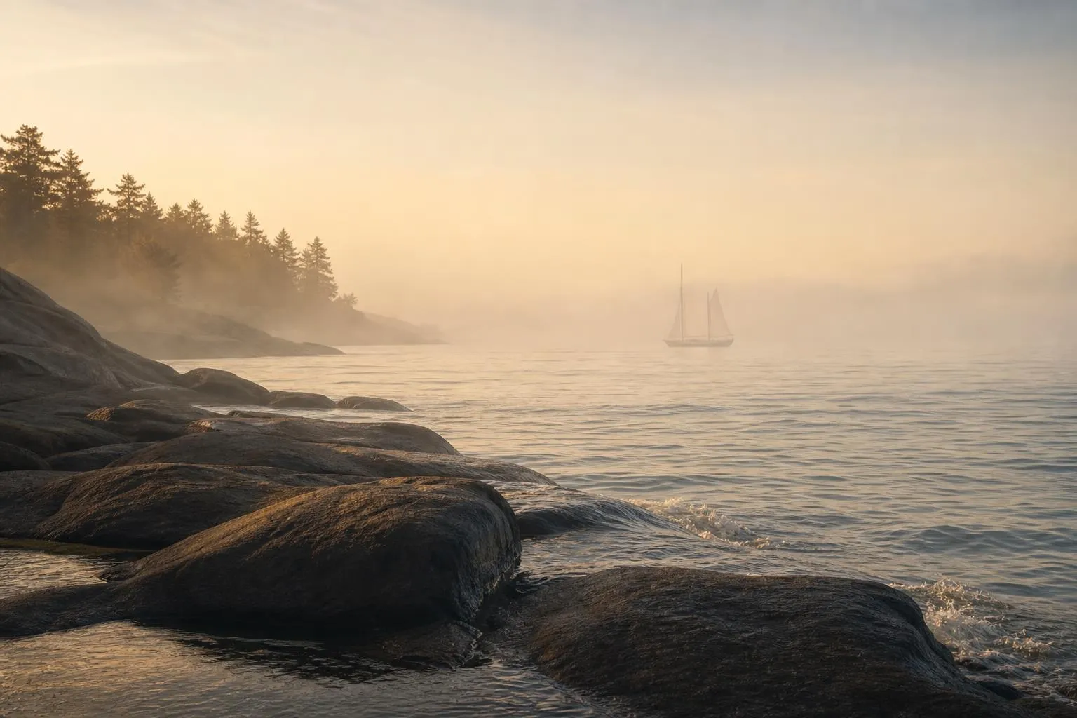 Misty coastal rocks at dawn with a distant sailboat on calm waters.