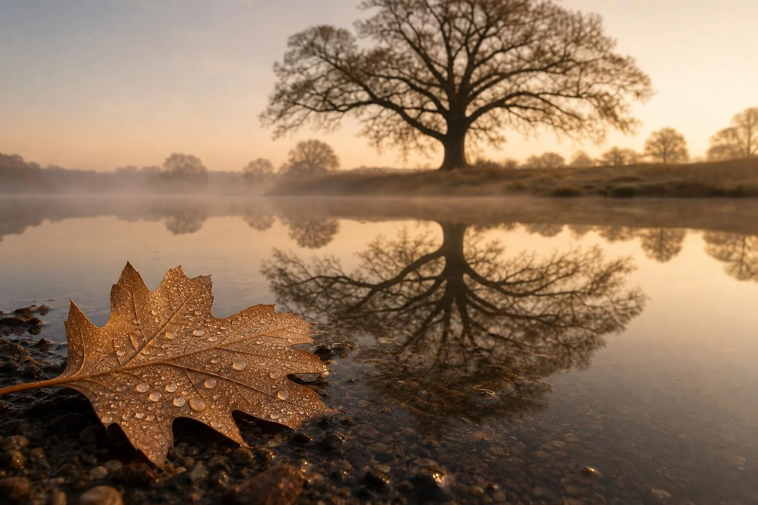 A dew-covered leaf at the edge of still water, reflecting an ancient tree in pale dawn light.