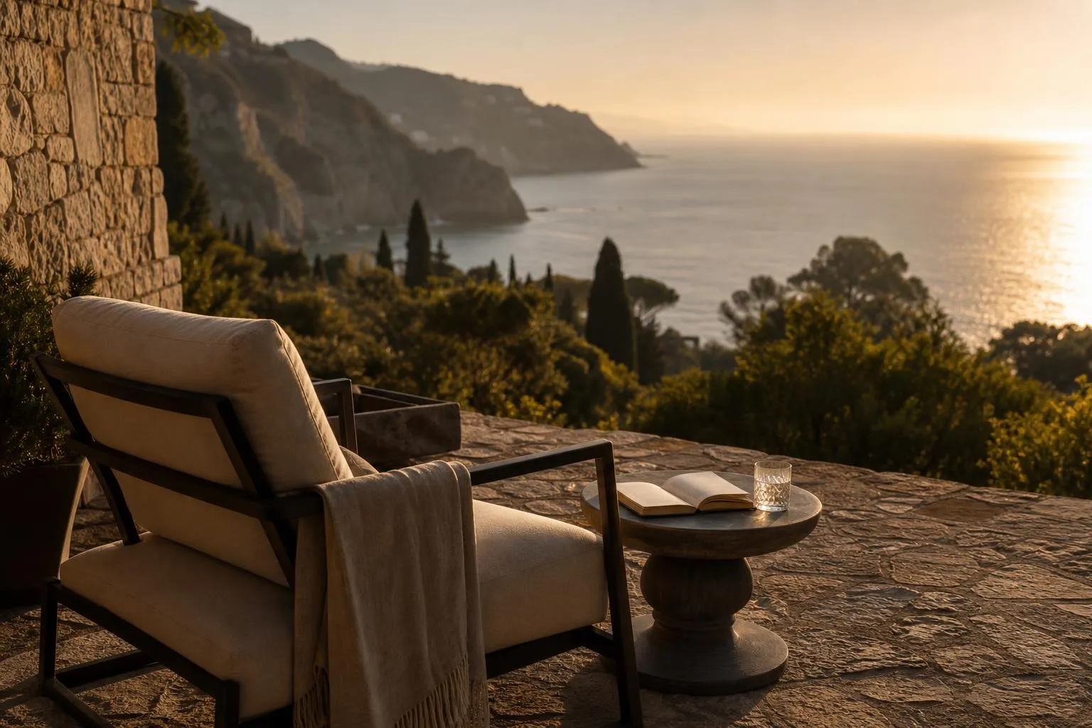 Mediterranean terrace at sunset with lounge chair facing the sea, embodying sustained luxury and leisure.