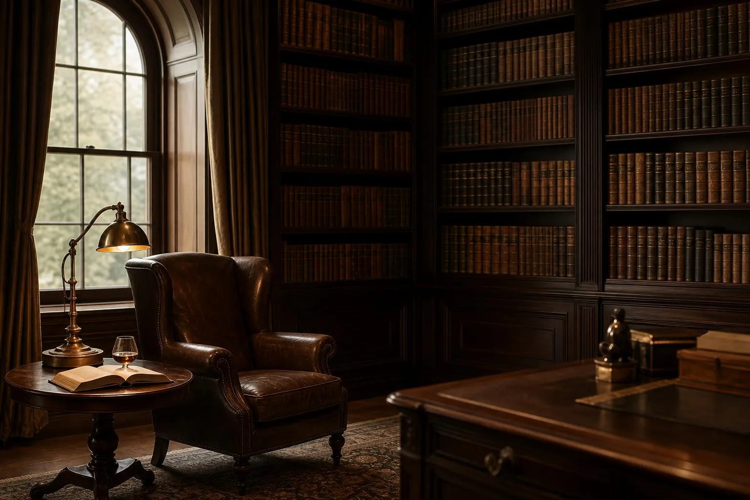 Warm-lit private library with leather-bound books, wingback chair, and reading lamp in soft golden light.