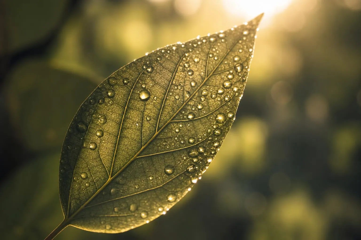 Morning dew on a backlit leaf, symbolizing compound growth and accumulated wealth.