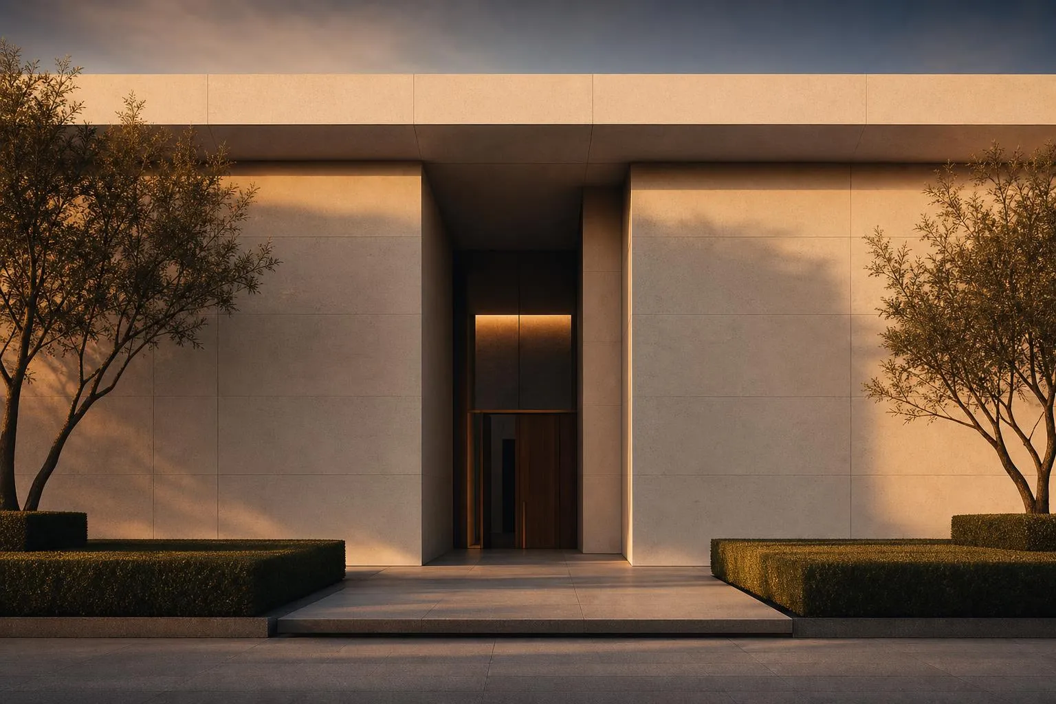 Modernist building facade with geometric lines and contrasting light and shadow