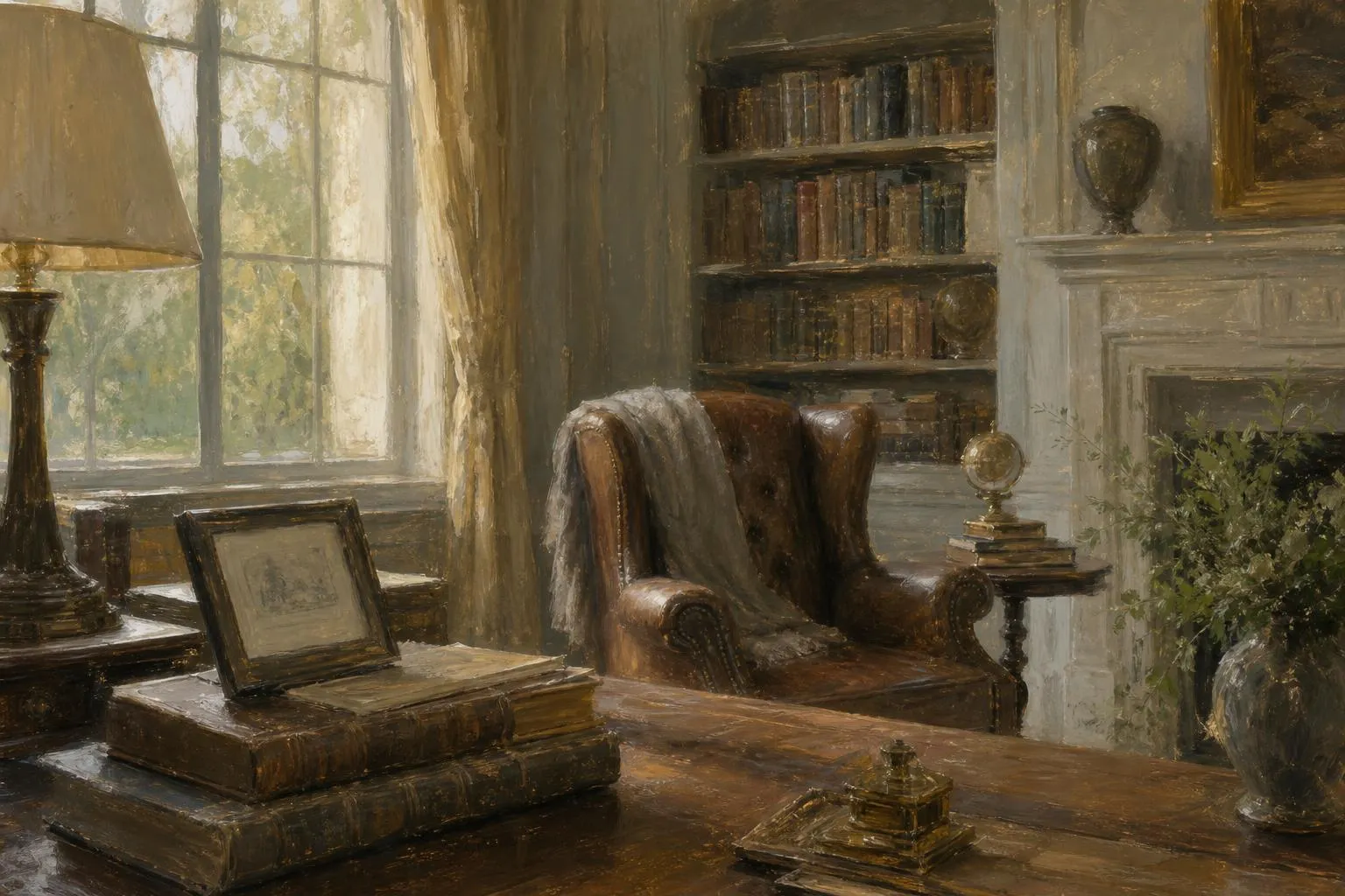 Soft impressionistic rendering of a quiet study room with inherited furnishings and afternoon light
