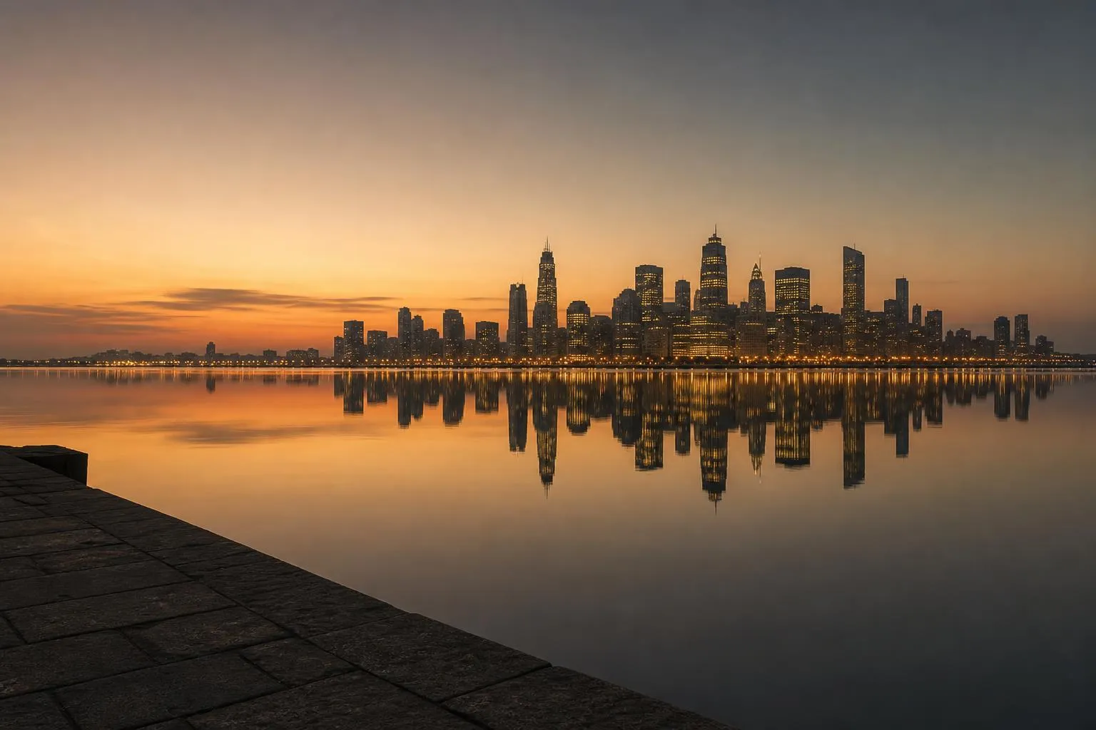 Distant city skyline reflected in still water at dusk, viewed from a quiet shoreline.