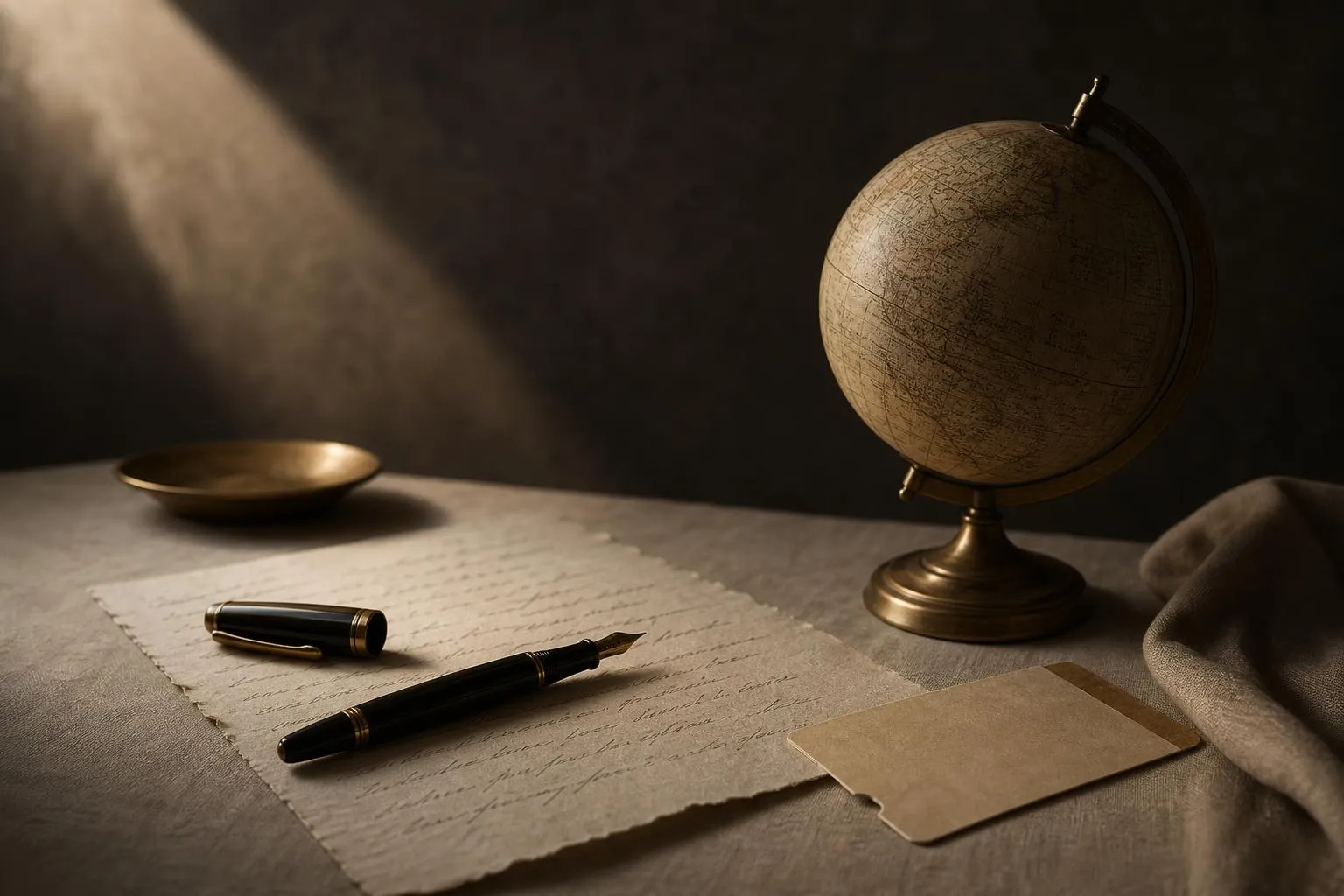 Still life arrangement of travel-related objects: pen, globe, and boarding pass on linen, soft natural light