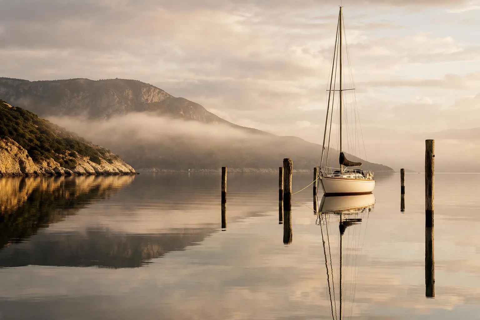 Still coastal waters at dawn with moored sailboat and distant cliffs