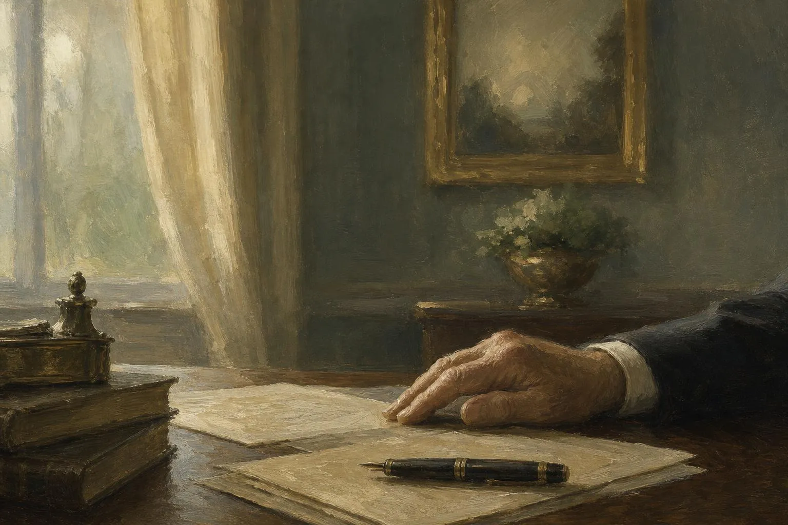 Soft painterly scene of hands and documents on a wooden desk in warm morning light.