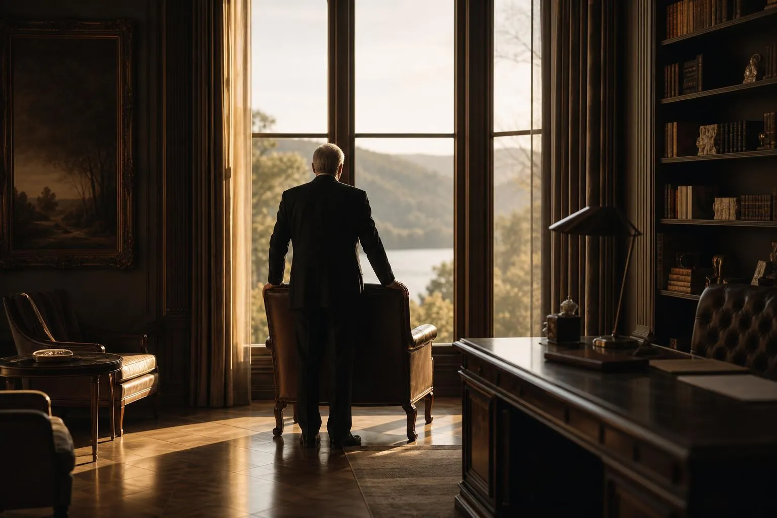 Solitary figure from behind in a sunlit room, contemplating a significant decision.