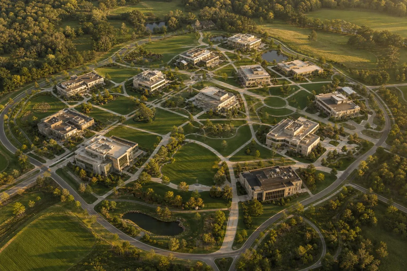 Aerial view of an innovation campus with connected buildings, green space, and converging pathways at golden hour.