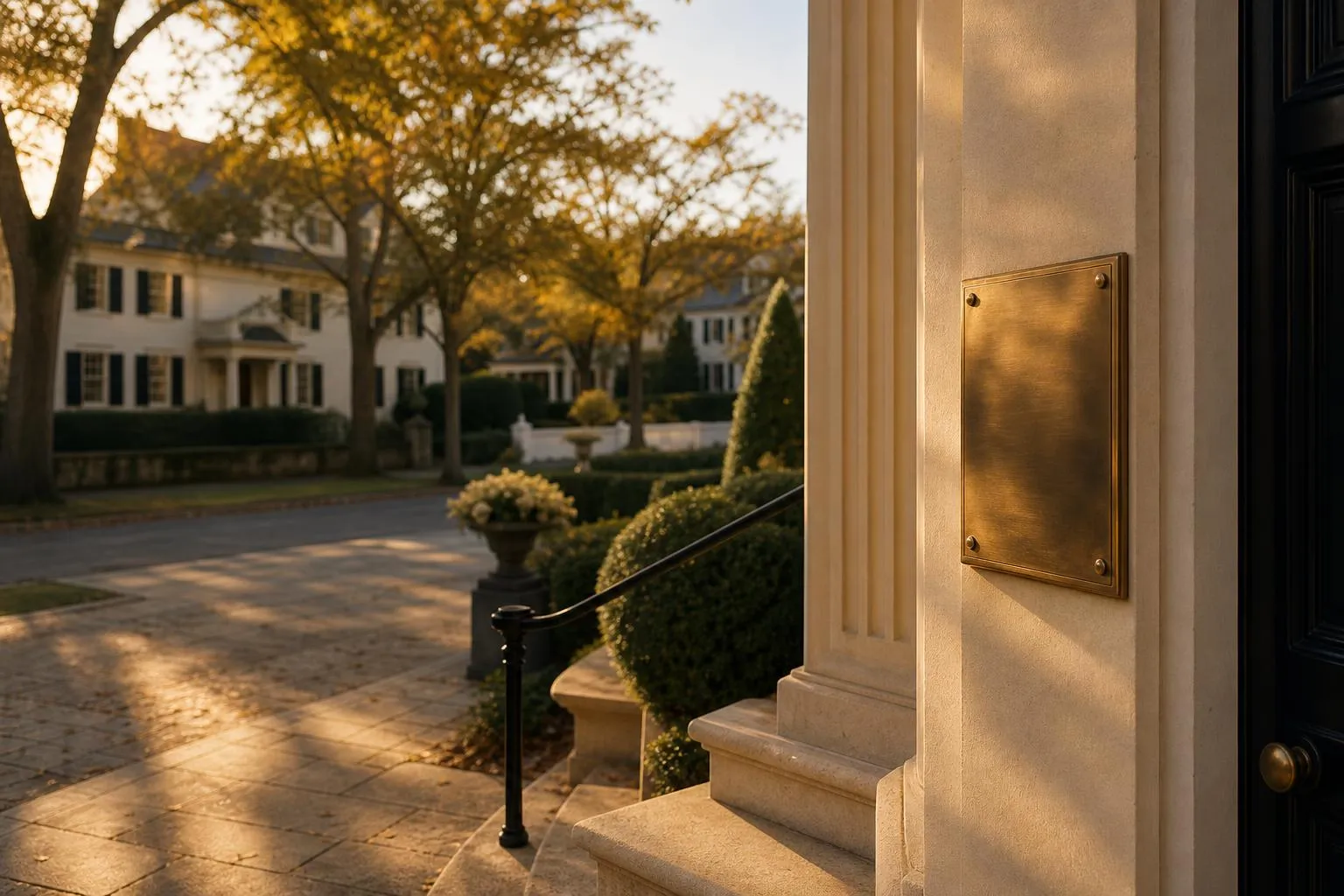 Tree-lined Greenwich street with colonial architecture, golden light, brass plaque detail on office building entrance
