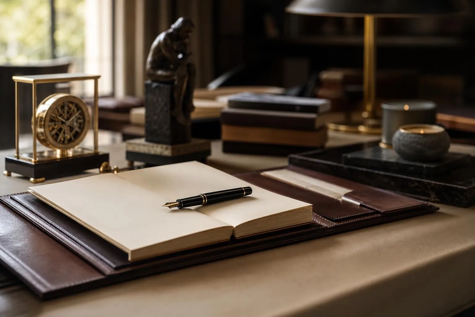 Refined desk objects—leather portfolio, mechanical timepiece, fountain pen—in soft natural light, evoking deliberate wealth stewardship.
