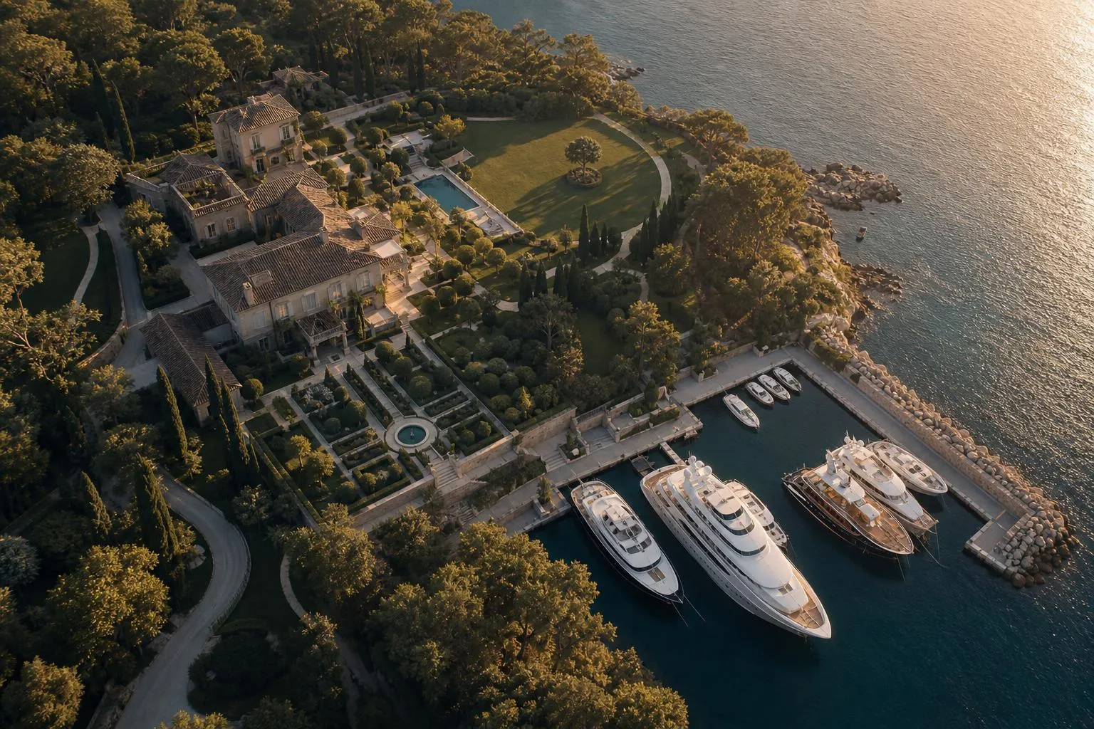 Aerial view of exclusive waterfront estate with yachts and manicured gardens at sunset.