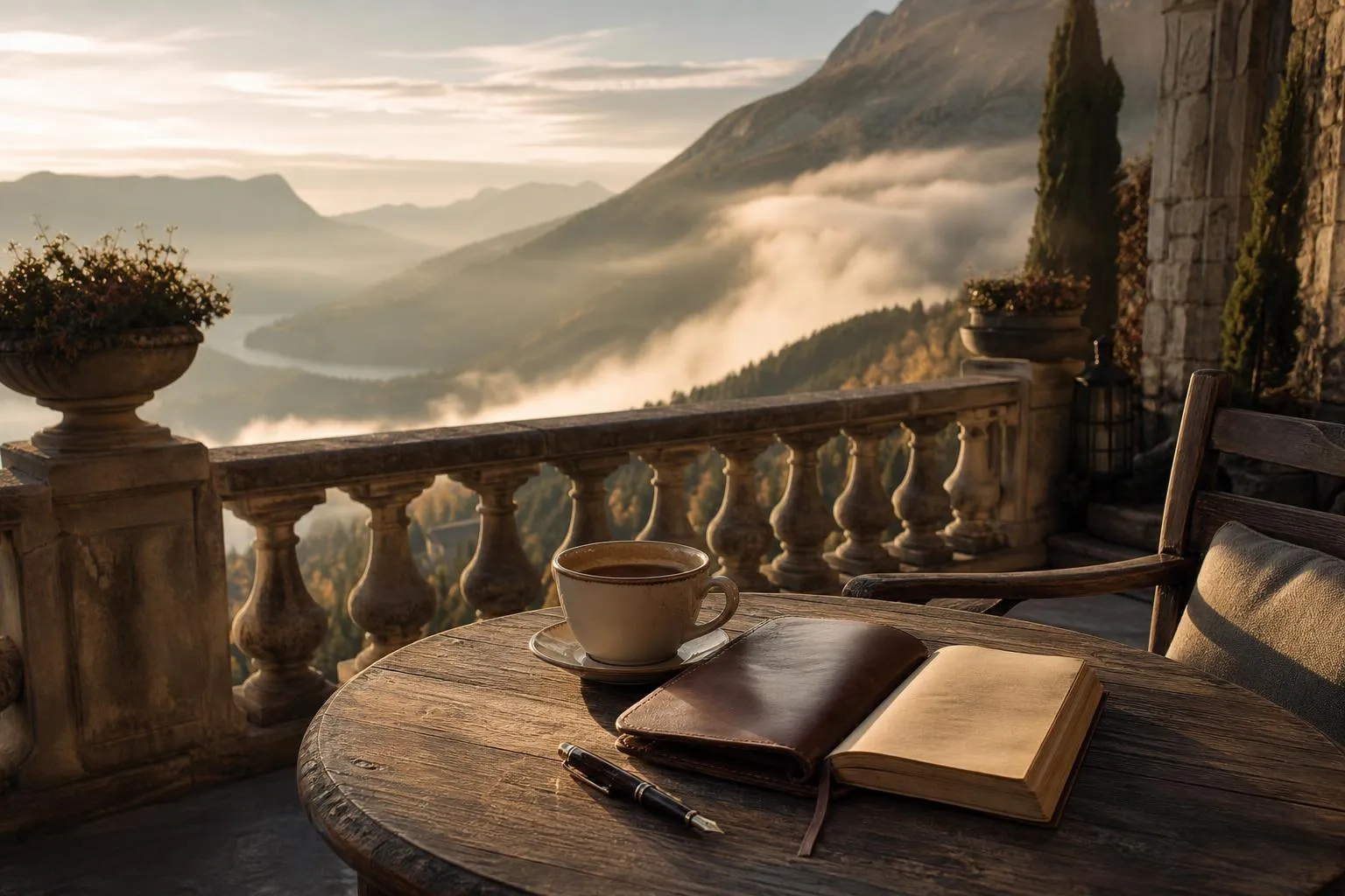 Alpine terrace at dawn with coffee and journal overlooking misty valley, soft morning light