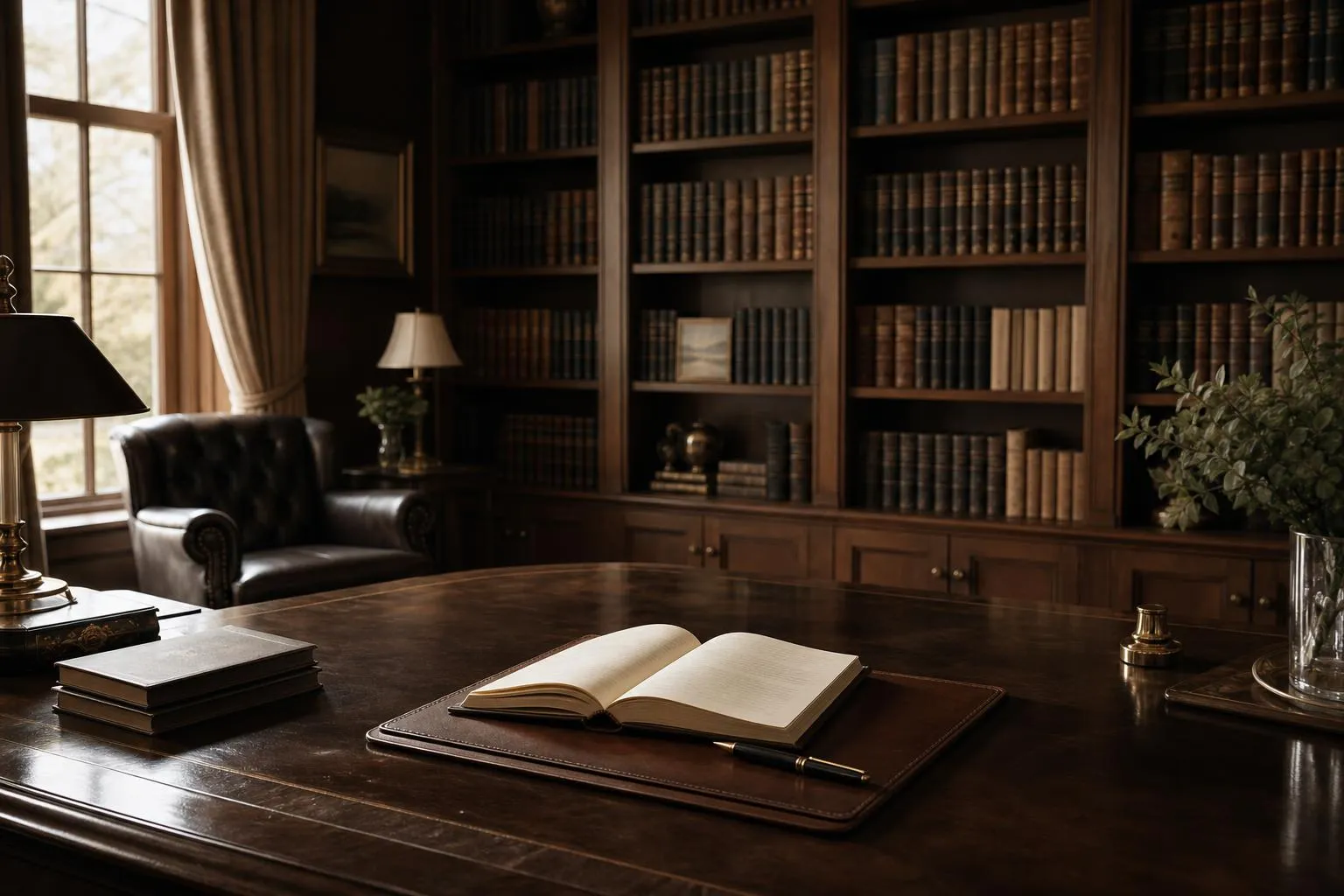 Sunlit private library with leather-bound books and journal on mahogany table.
