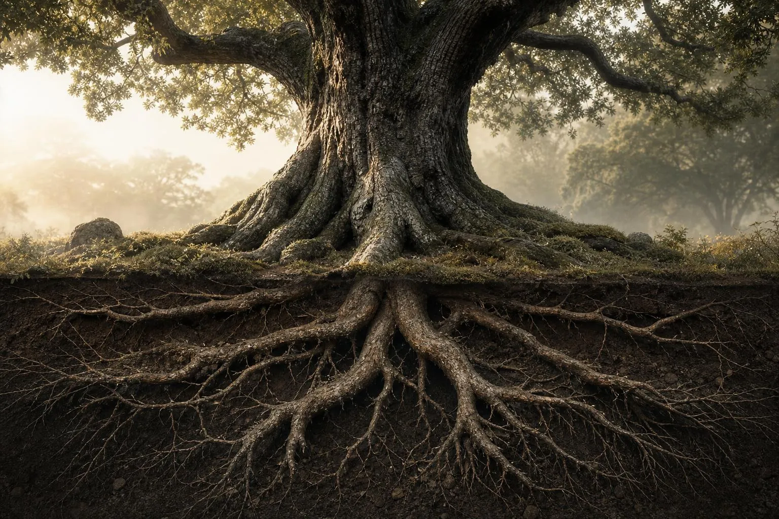 Ancient oak tree with visible roots in morning light, symbolizing generational wealth and lasting legacy.
