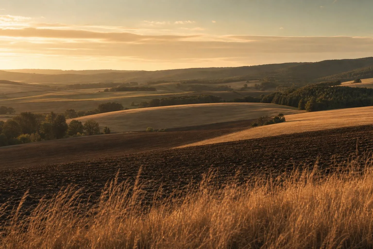 Rolling farmland at golden hour, with cultivated fields stretching to the horizon under warm, soft light.