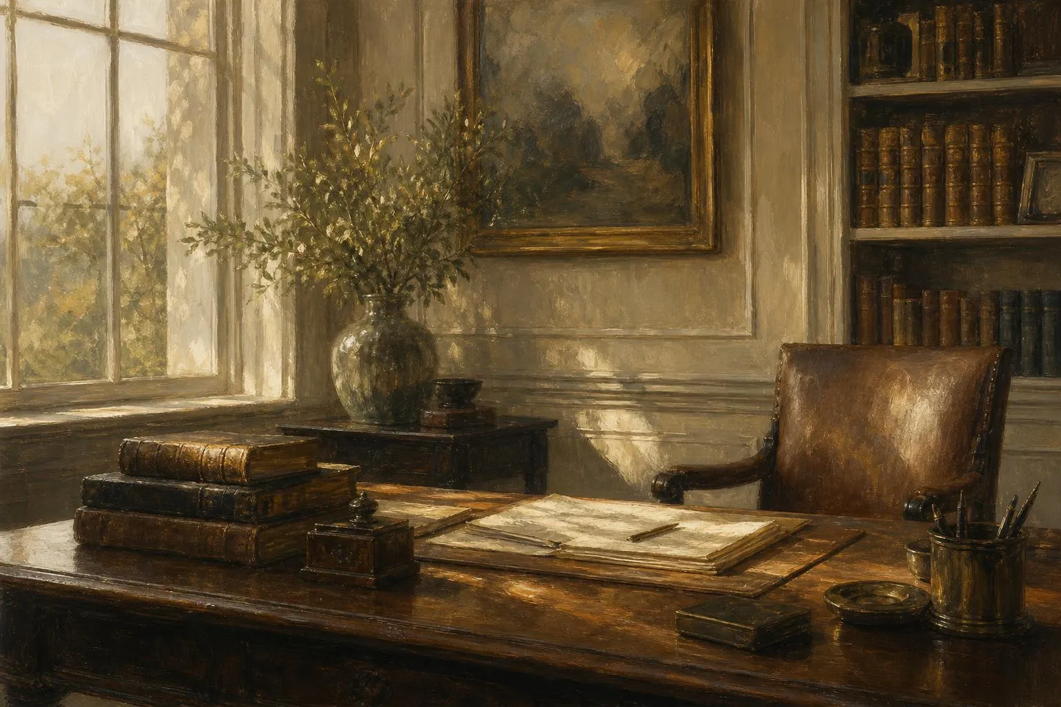 Impressionistic painting of a sunlit study with books and papers, evoking quiet stewardship and legacy planning