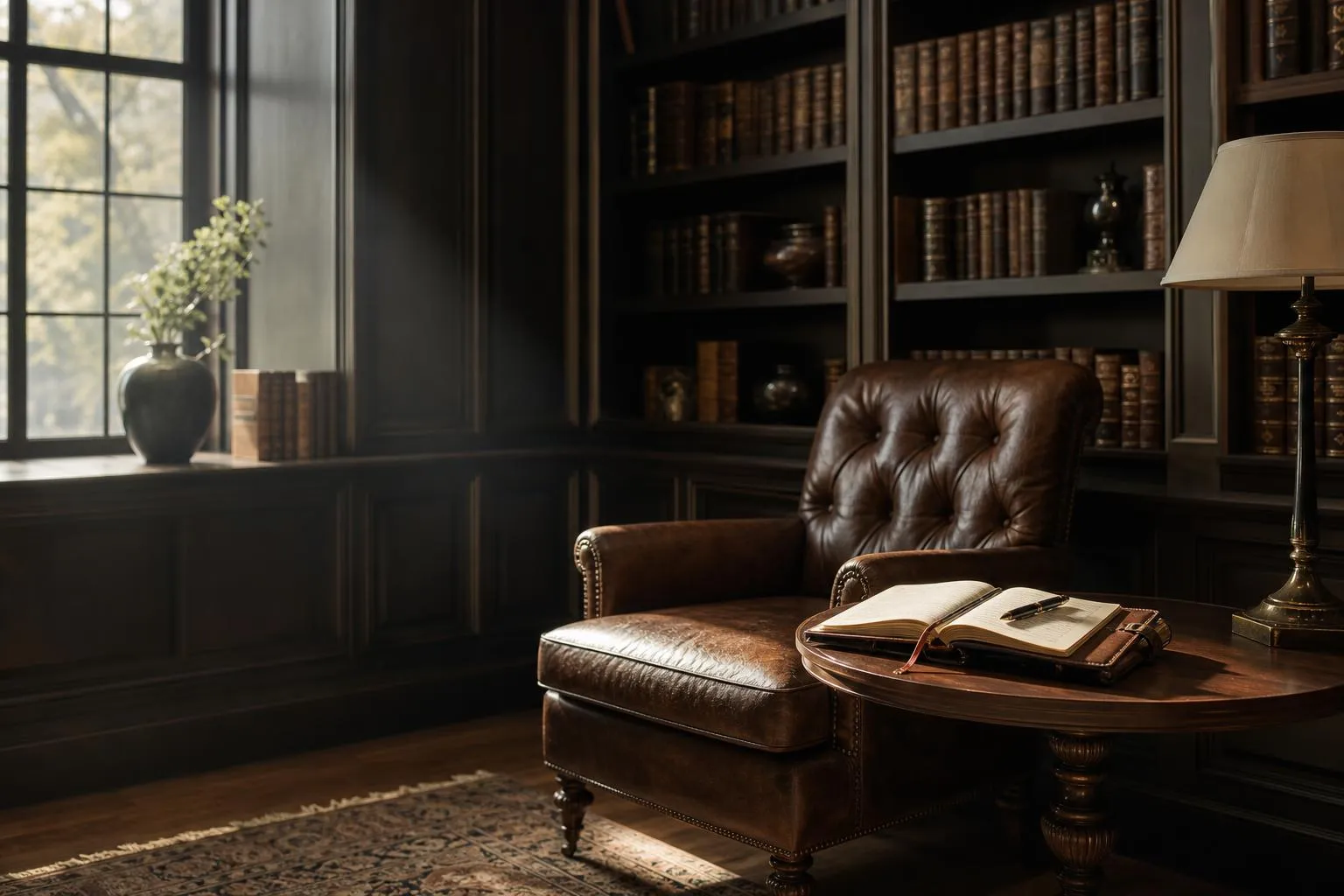 Serene private library with leather chair, open journal, and pen on side table.