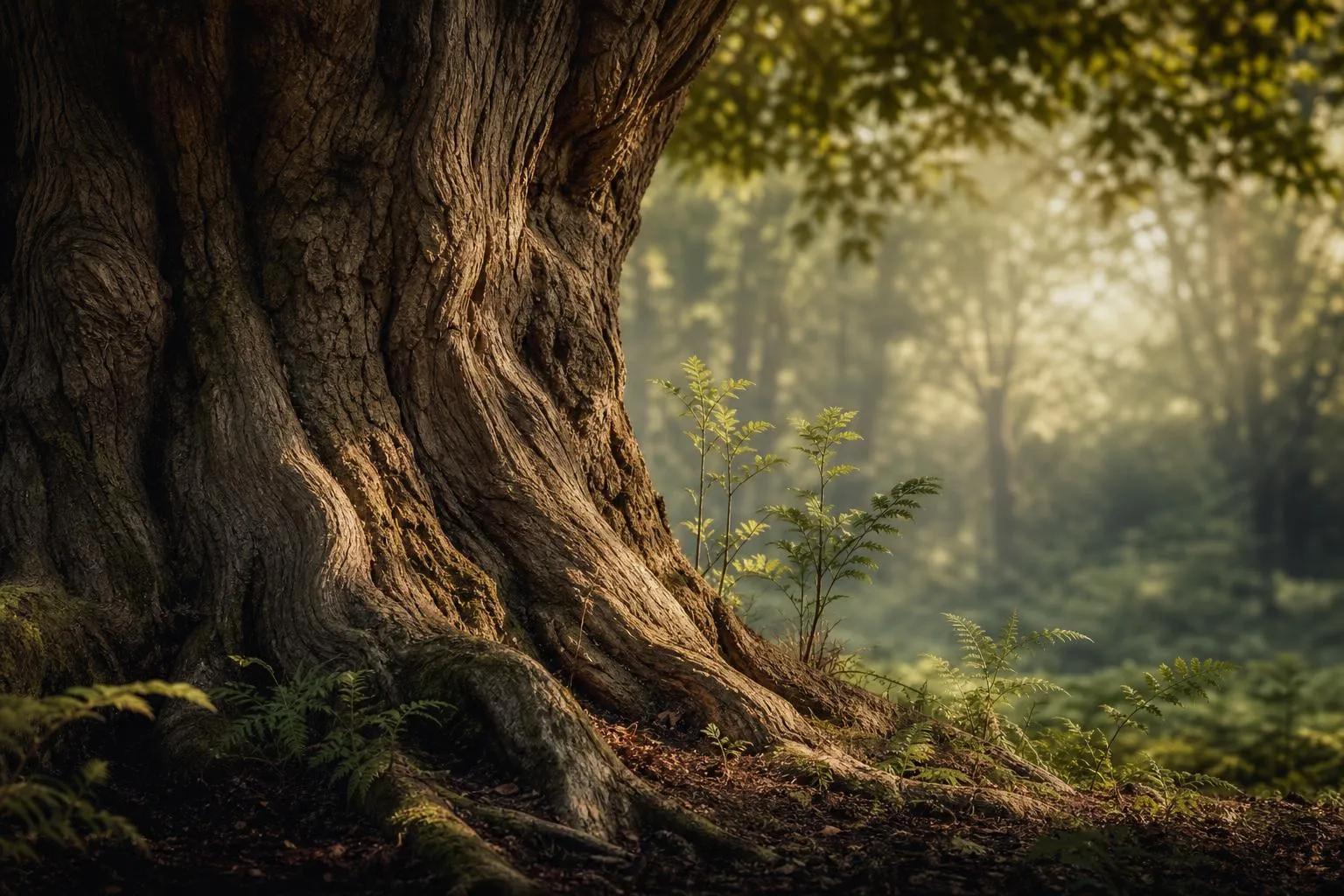 Weathered tree trunk with new growth sprouting at its base in dappled light