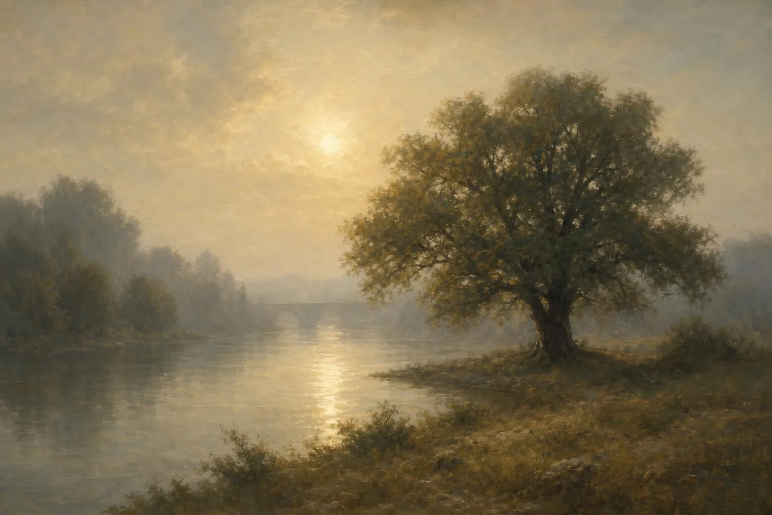 Misty riverside landscape with oak tree at dawn, impressionistic soft-focus painting in muted greens and grays.