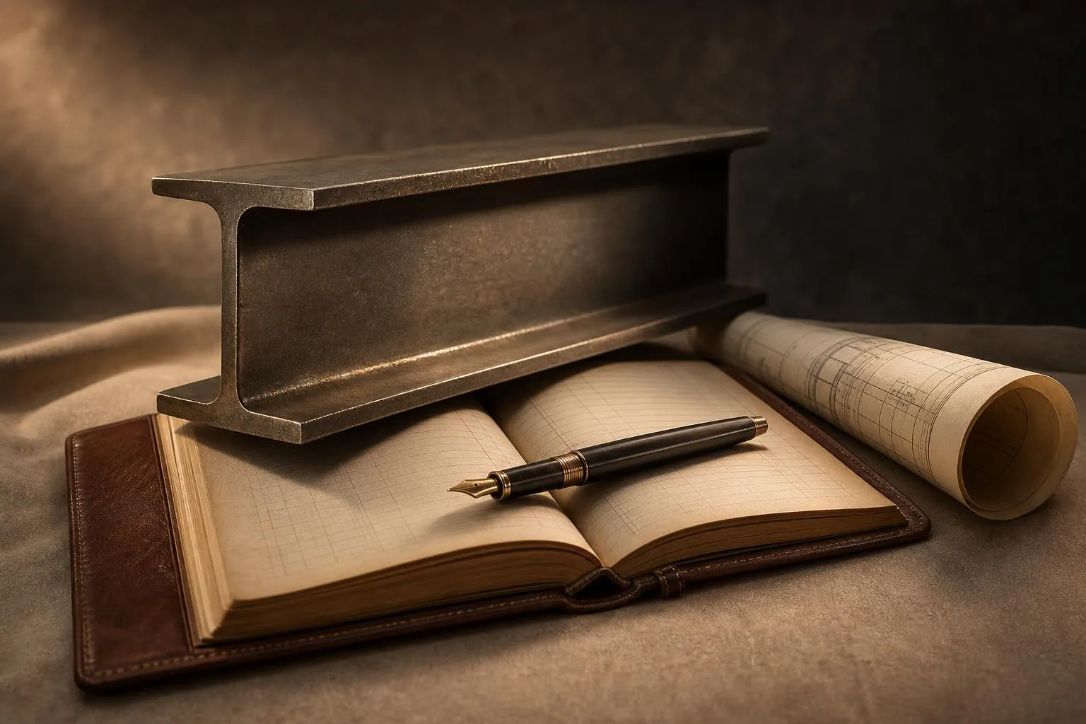 Still life arrangement with steel beam, leather ledger, fountain pen, and rolled blueprint on neutral surface