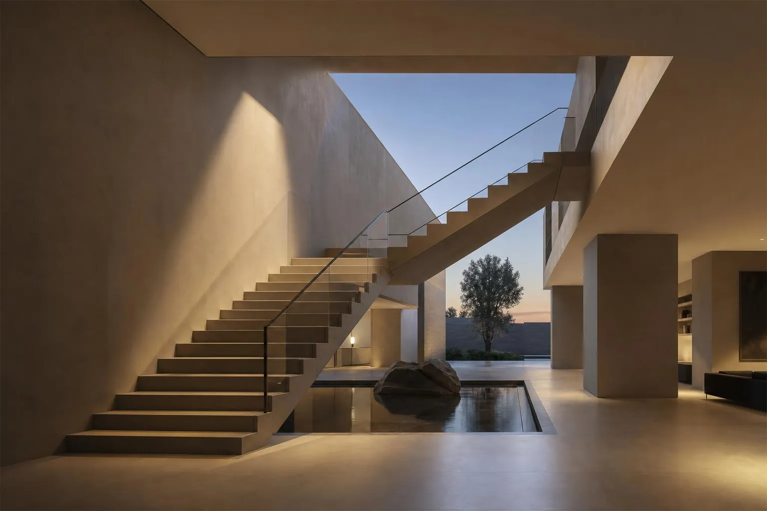 Minimalist modernist atrium with cantilevered staircase and geometric light, clean architectural lines