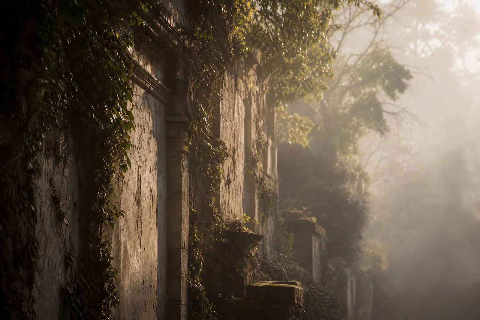 Weathered stone wall with climbing ivy in morning mist, suggesting legacy and inherited assets.