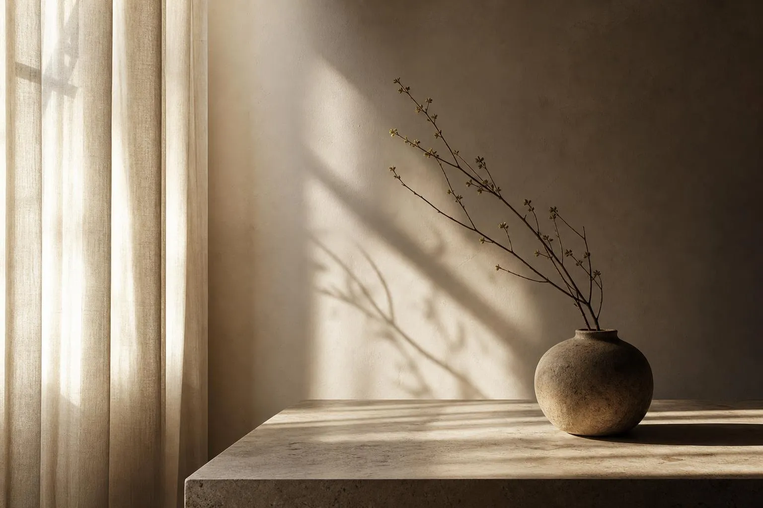 Sunlight filtering through sheer curtains casts soft shadows and gentle light across a minimalist interior surface.