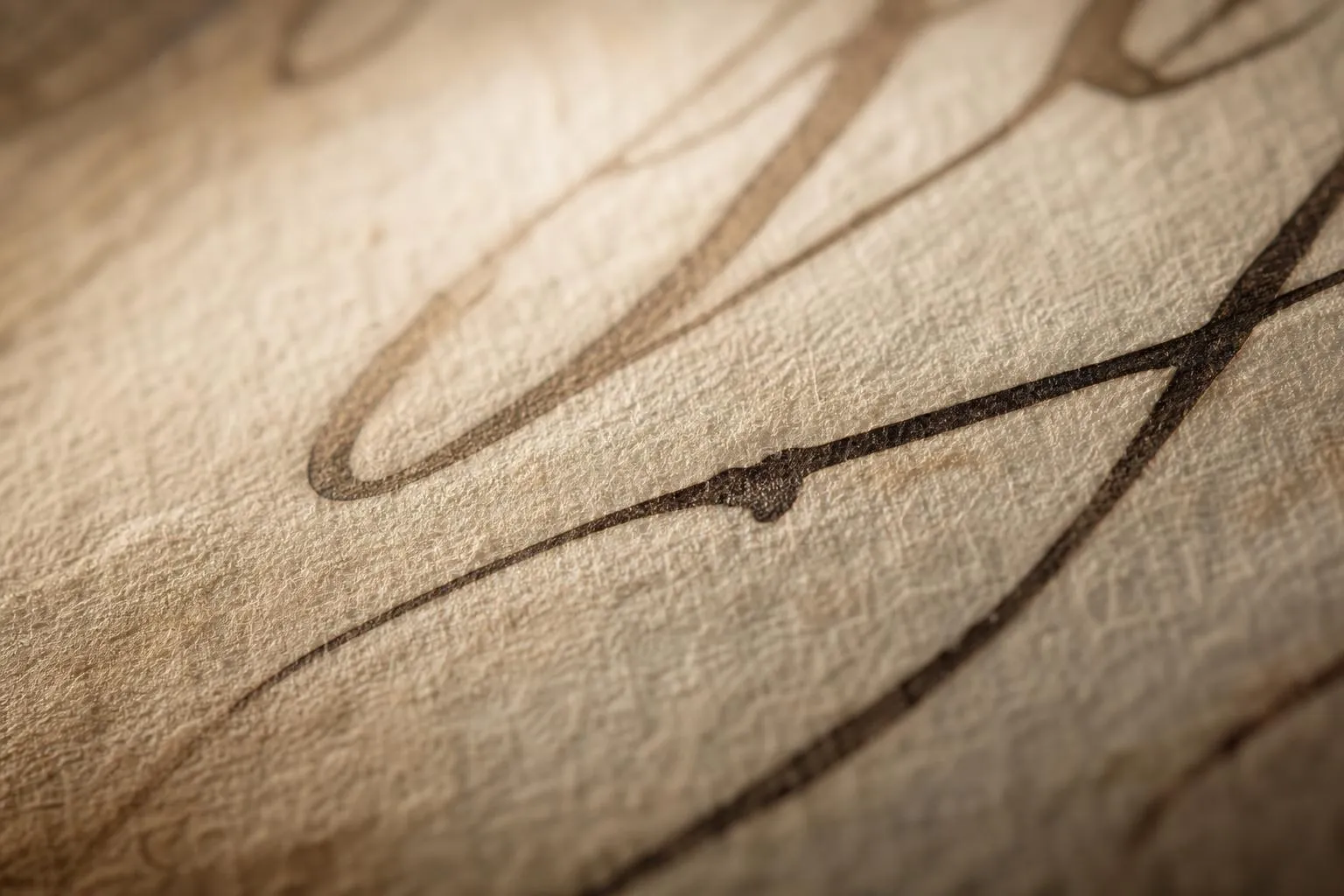 Close-up of aged parchment with fine handwritten text, shallow focus on inked words