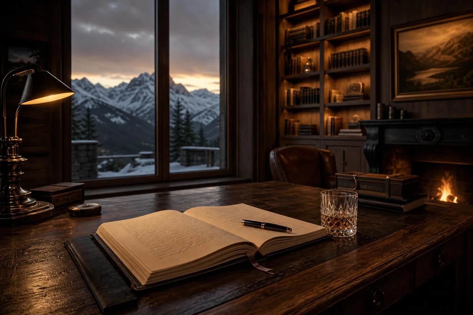 Alpine lodge library at dusk with desk, journal, and mountain views framed by windows.