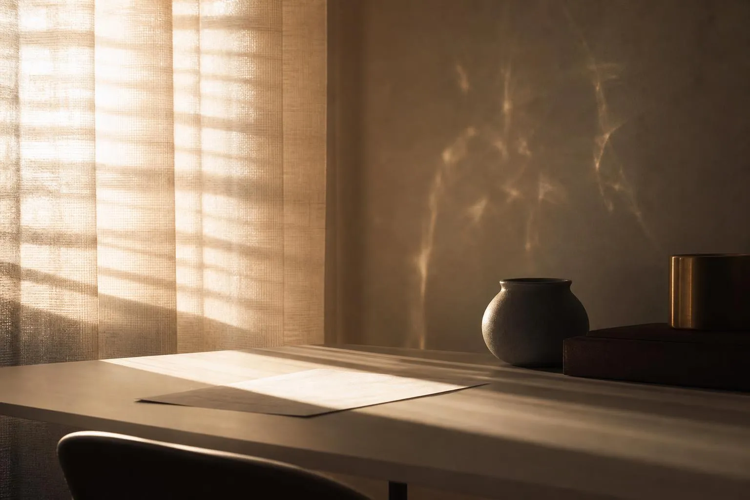 Sunlight through sheer curtains casting soft shadows on a minimal surface