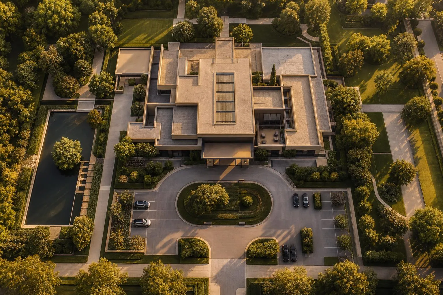 Aerial view of an exclusive private medical facility surrounded by manicured grounds and tree-lined pathways.