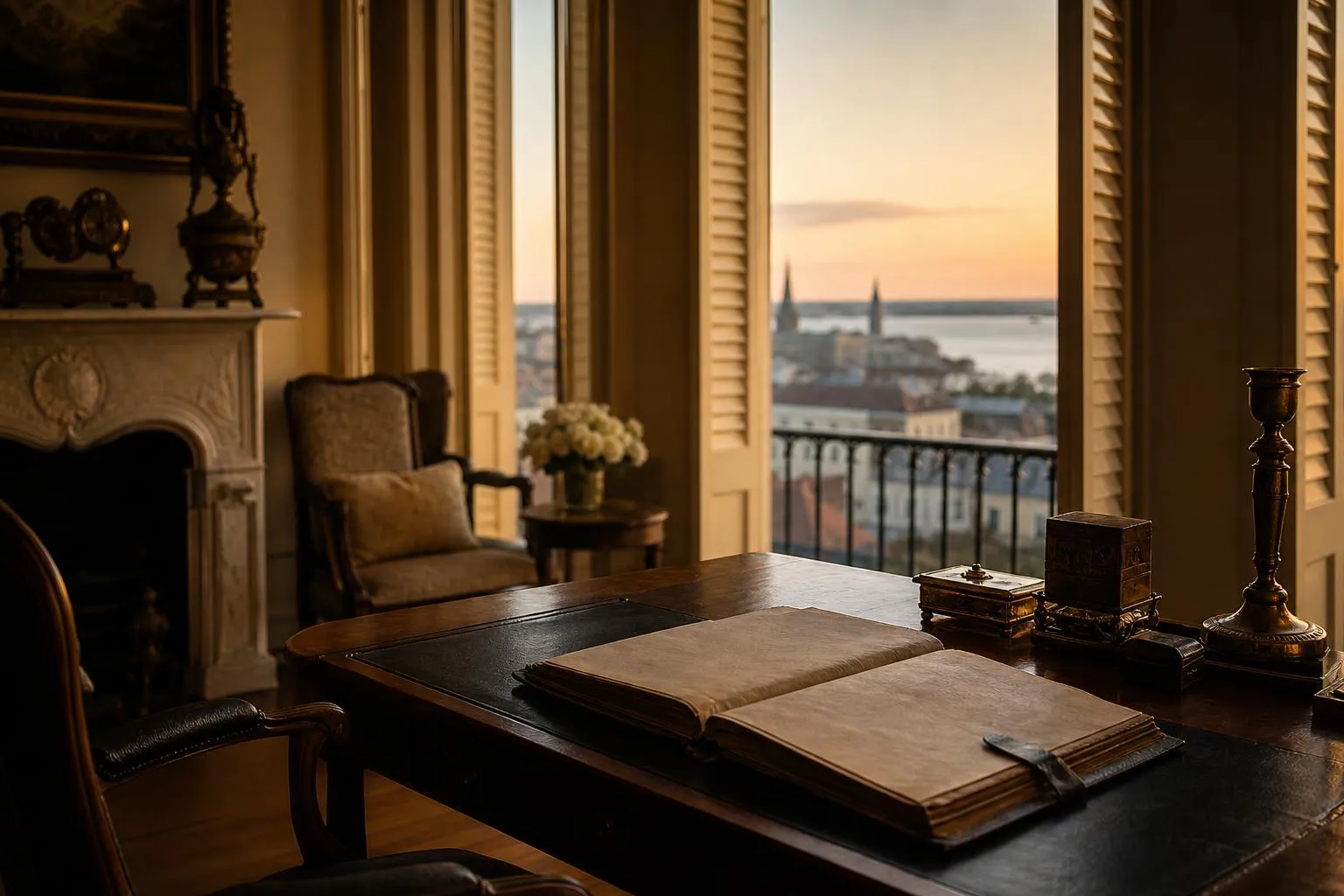 Historic New Orleans interior with river view, evoking civil law heritage and family inheritance.