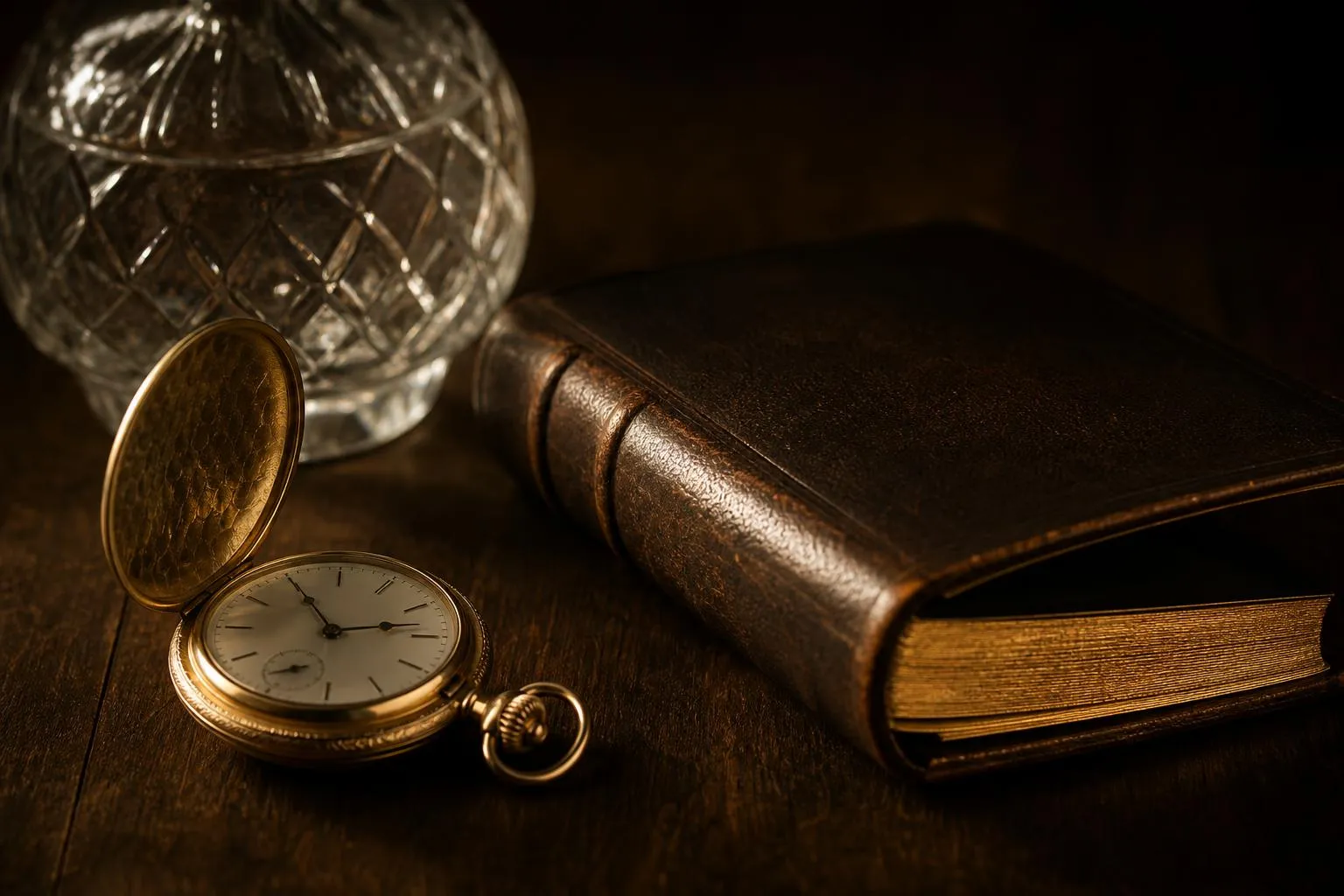 A still life arrangement of a pocket watch, leather ledger, and glass vessel on dark wood, lit by warm directional light.
