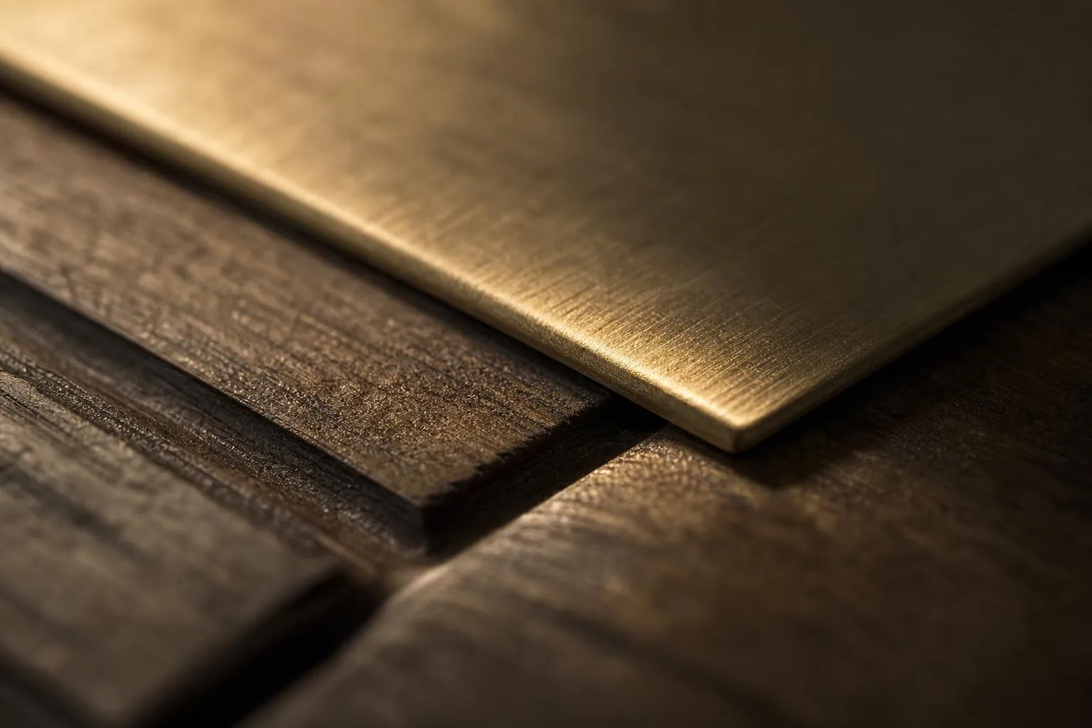 Close-up of layered brushed brass and aged wood with soft sidelit texture detail