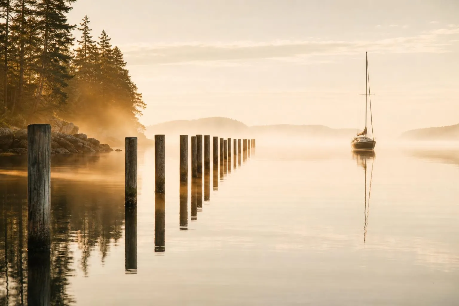 Calm harbor with weathered dock pilings receding into morning mist, sailboat anchored beyond