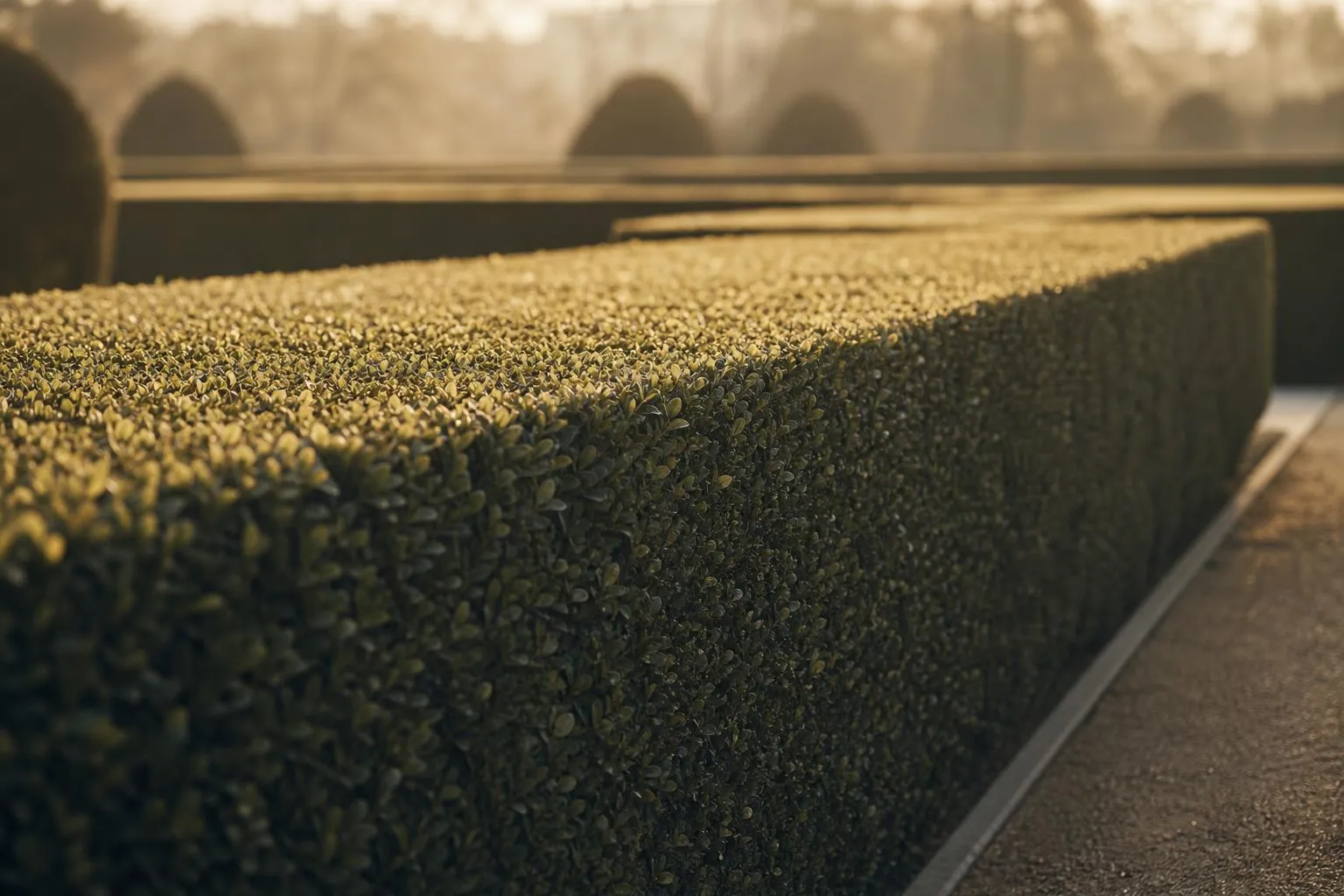 Close-up of formally clipped hedge with sharp lines and soft morning light