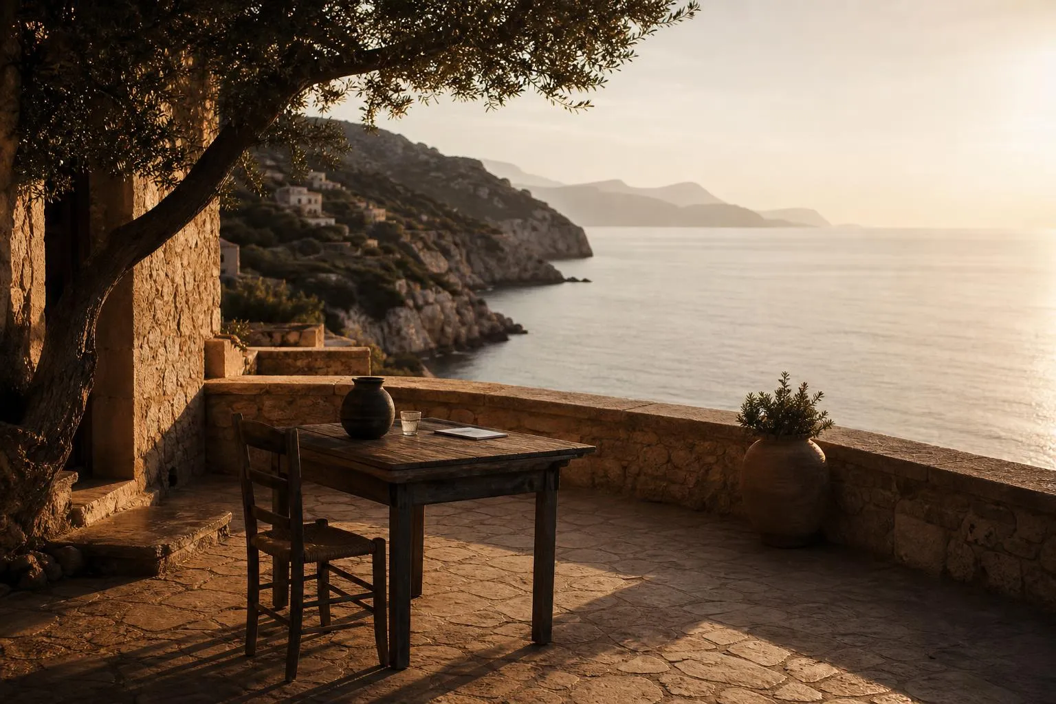 Weathered wooden table and chair on a stone terrace overlooking a calm Mediterranean sea at sunset