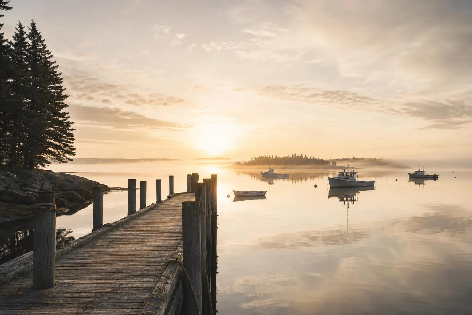 Calm harbor at dawn with boats at anchor, mist rising from still water