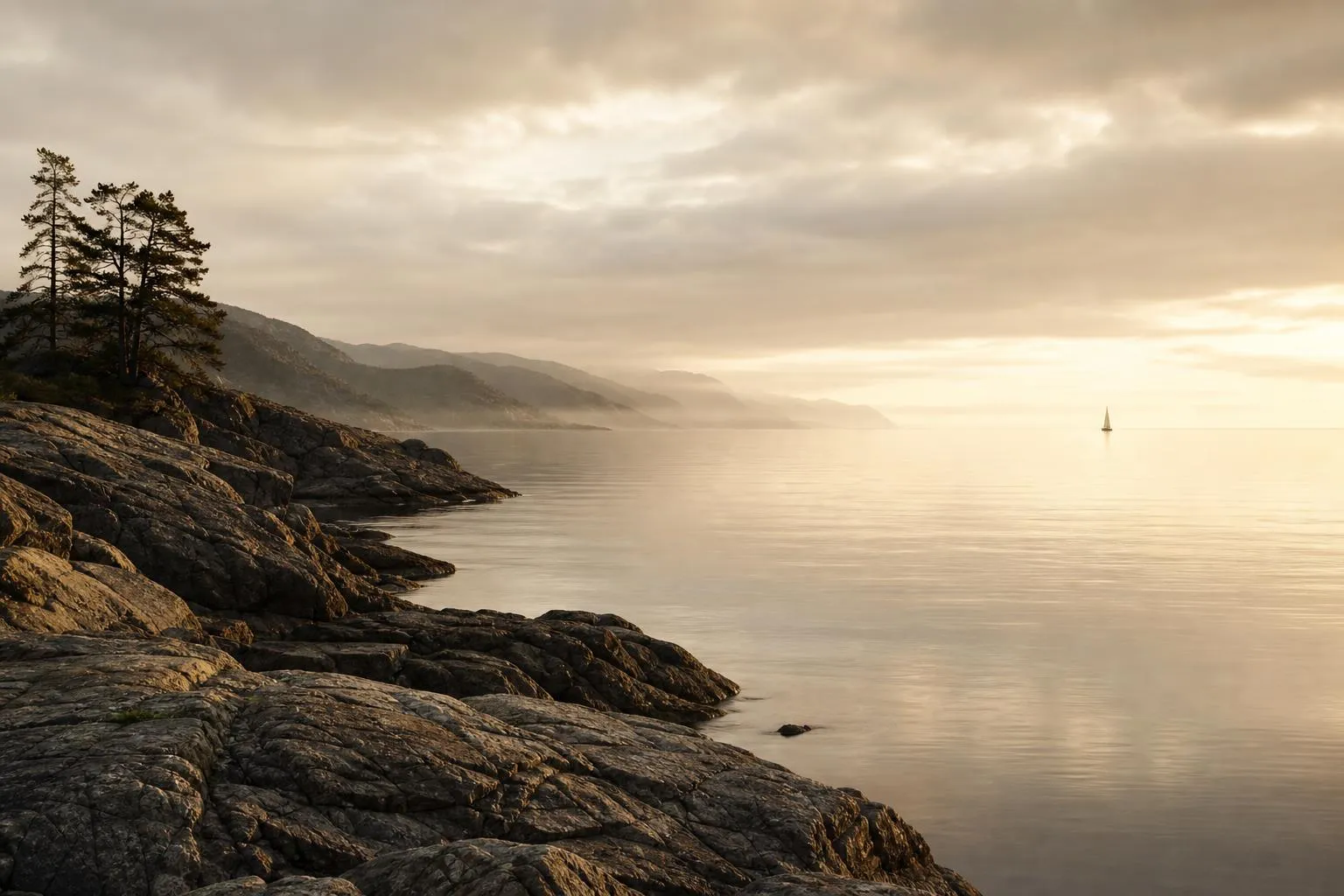 Calm coastal waters at dawn with a lone sailboat far on the horizon, rocky headlands in mist