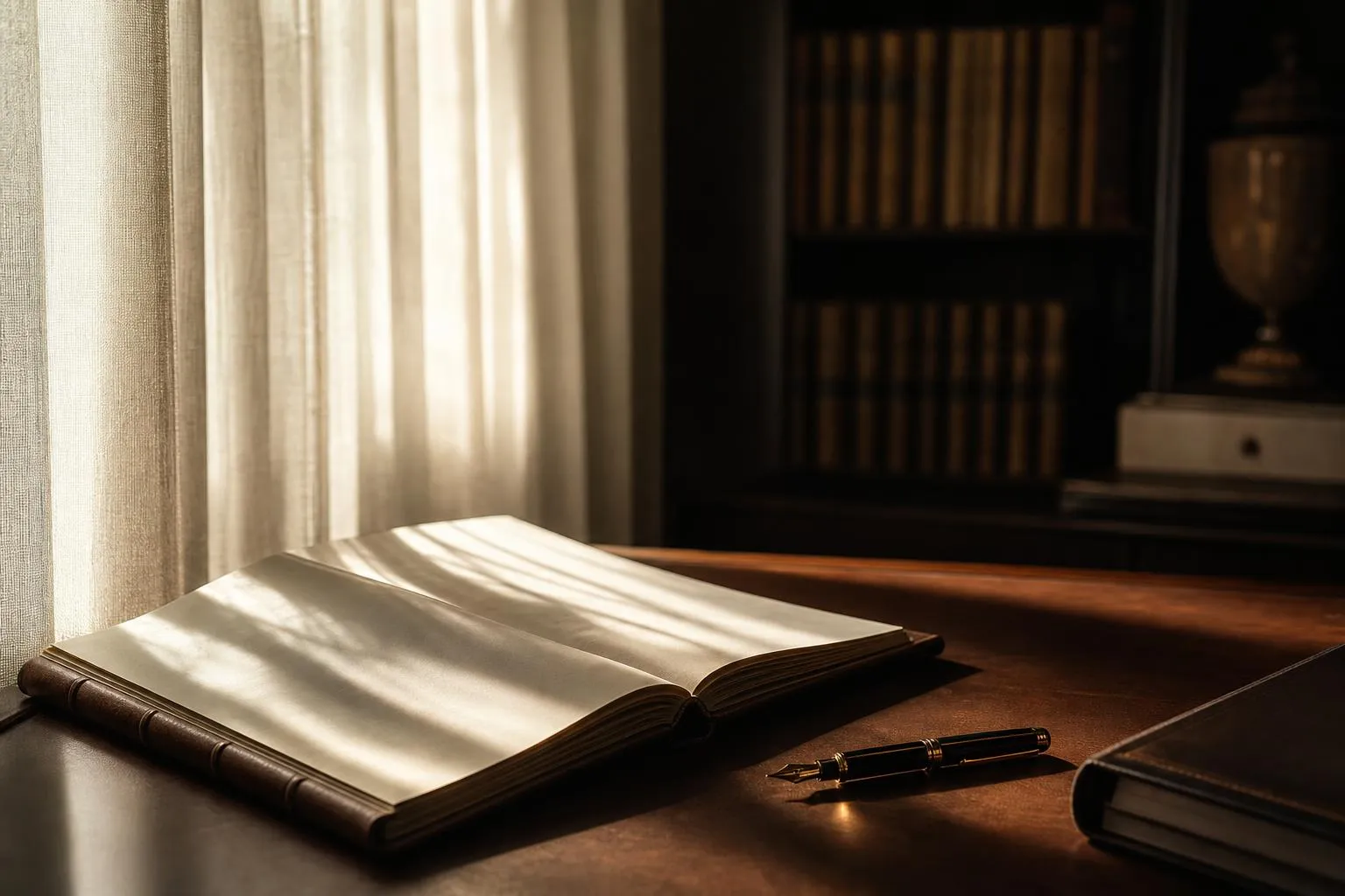 Sunlight through curtains casting soft shadows on a leather journal and pen on a wooden desk.