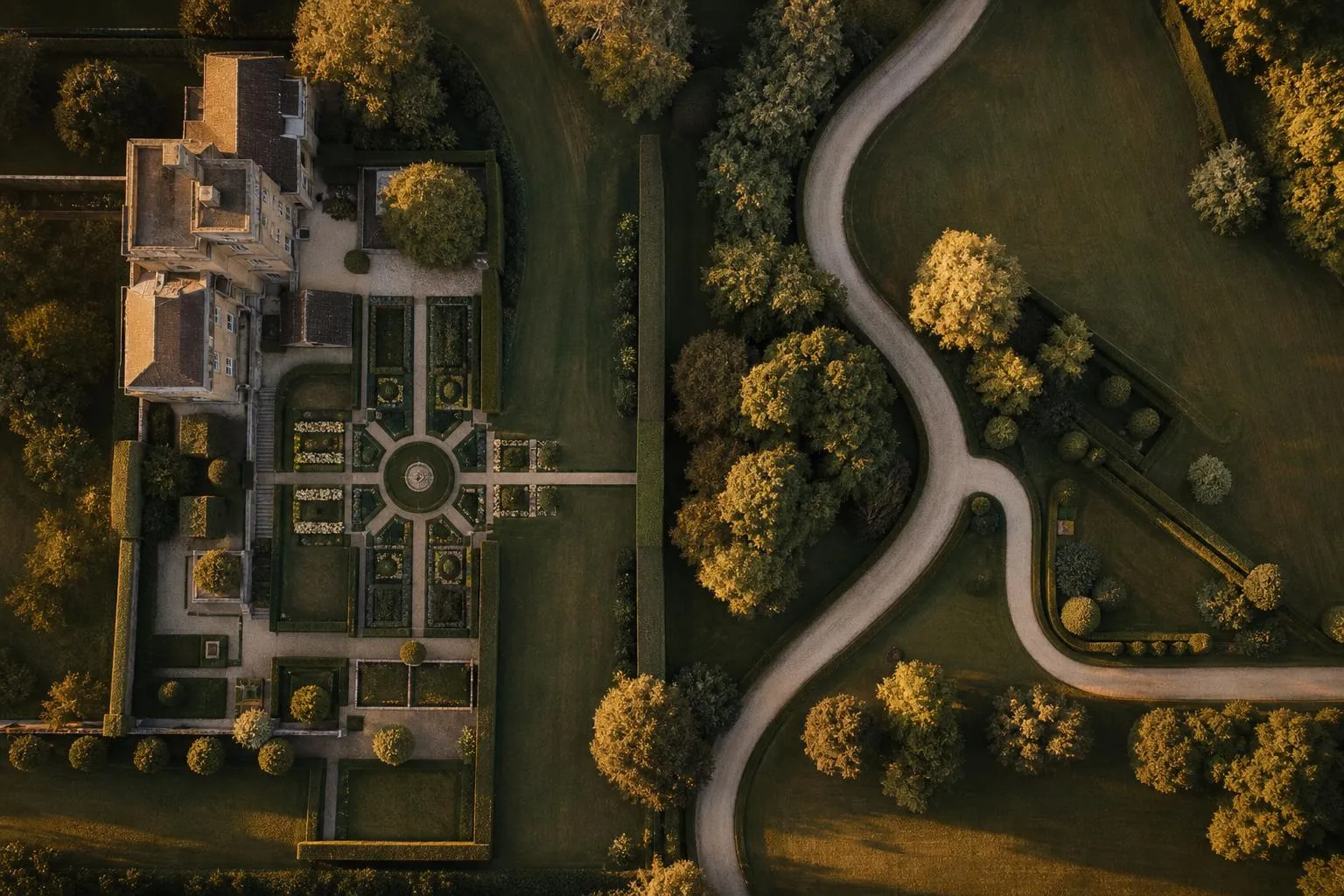 Aerial view of an elegant private estate with geometric gardens and winding pathways at sunset.